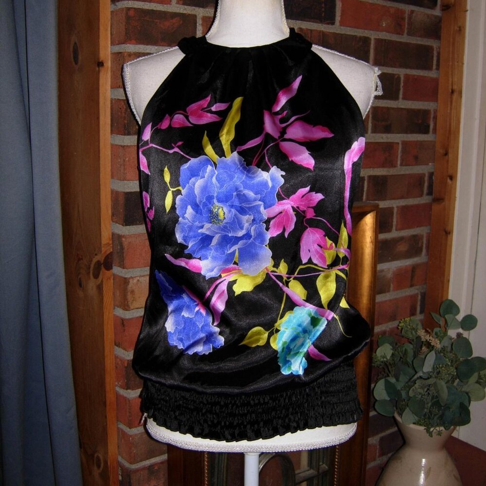 Black Satin Floral Tie Neck Sleeveless smocked bottom Top M